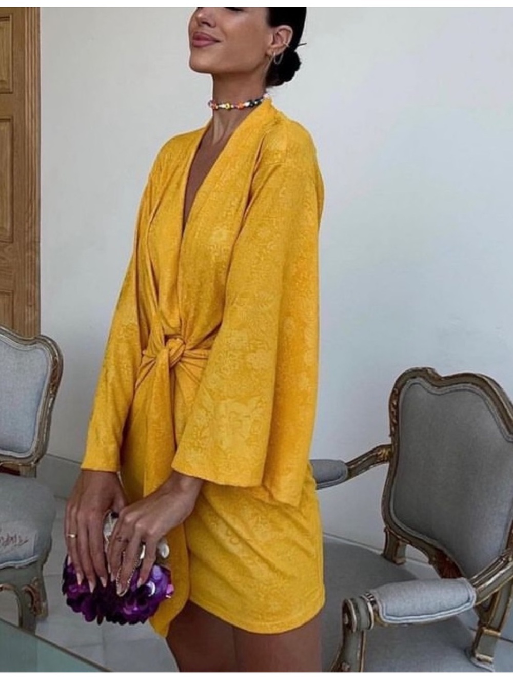 ZARA kimono sleeve belted jacquard dress